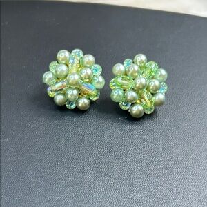 Vintage Green Crystal and Faux Pearl Beaded Clip On Earrings